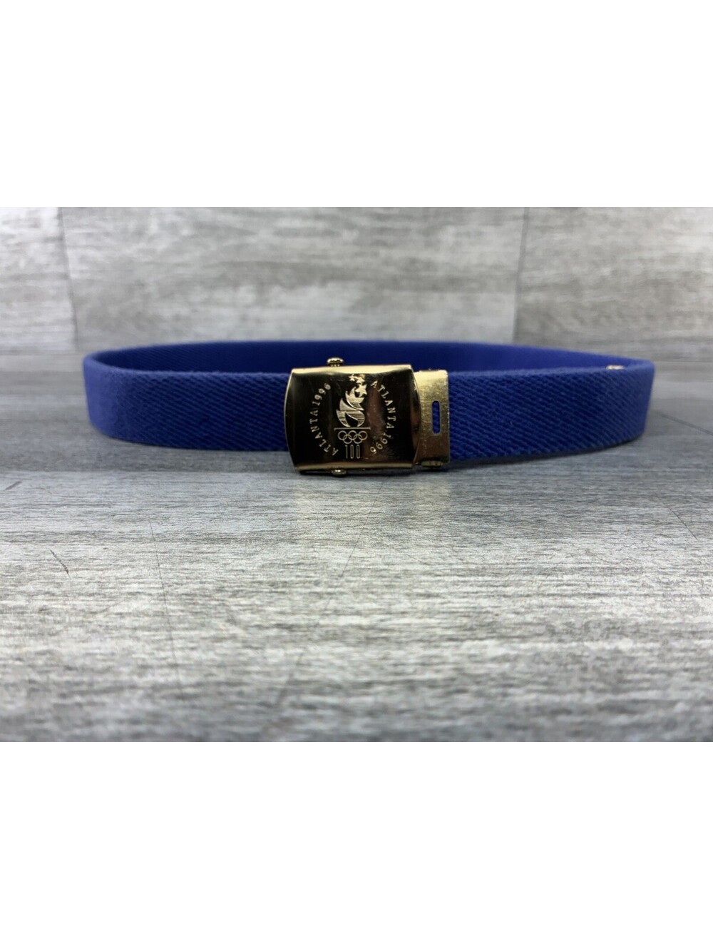 VTG 1996 Atlanta Olympics USA Made Blue Web Canvas Belt Brass Buckle